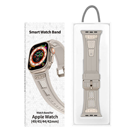 Apple Watch 7/8/9 45mm Uyumlu Hava Alabilen Delikli Metal Süslemeli Desenli Silikon Kordon