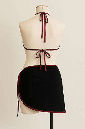 Kadın Bordo Siyah Pareolu Yandan Ve Boyundan Bağlamalı 3'lü Bikini Takımı