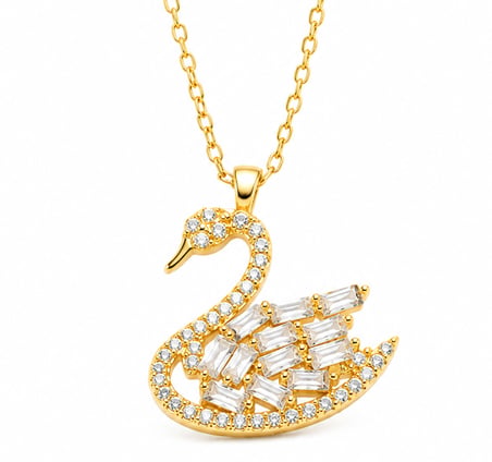 💎 Premium Parlak ve Şık Gold Renk Baget Taşlı Kuğu Kadın 925 Ayar Gümüş Kolye (45 cm)