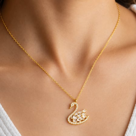 💎 Premium Parlak ve Şık Gold Renk Baget Taşlı Kuğu Kadın 925 Ayar Gümüş Kolye (45 cm)