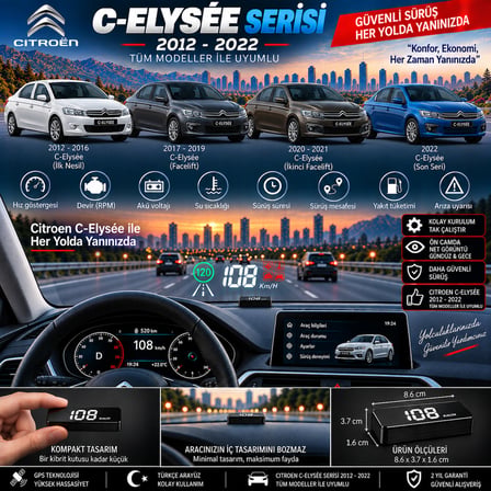 Citroën C-Elysée 2012-2022 modeller için head up display hayalet gösterge ekranı ön cam hız göstergesi elysee