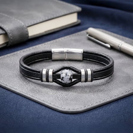 💎 Premium Snowy Obsidian Rondela Doğaltaş Ve Deri Çelik Bileklik 31832B14D8 - 20 cm