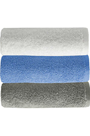 3 lü Düz Renk El Yüz Havlu Seti &#37;100 Pamuklu 50x90 Cm Gri-Mavi-Beyaz