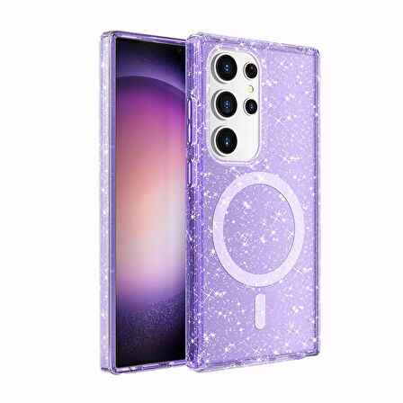 Samsung Galaxy S24 Ultra ile Uyumlu Kılıf Magsafe Şarj Özellikli Parlayan Simli Saydam Renkli Kapak