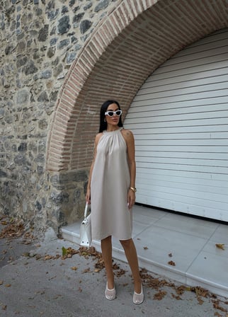 Halter Yaka Dokuma Midi Elbise