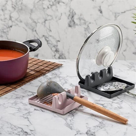BUFFER® Tencere Kapak Tutuculu Kaşıklıklı Tencere Kapak Standı Pratik Kaşık Kepçe Altlık Düzenleyici