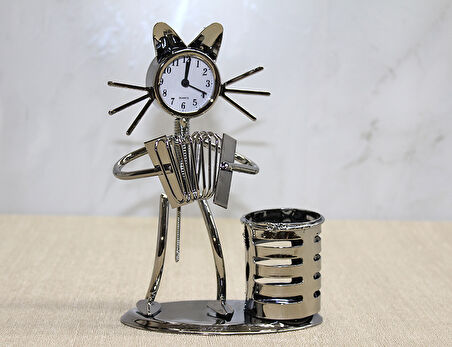 Metal Akordiyon Çalan Müzisyen Kedi Müzisyen Saat Ve Kalemlik 