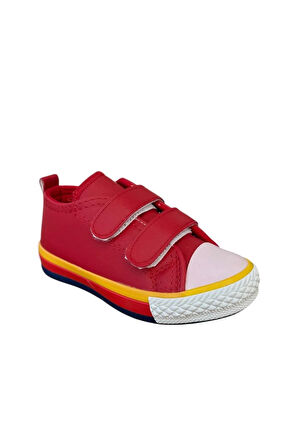 Unisex Çocuk Keten Kısa Convers Modeli Cırtlı Sneaker Spor Ayakkabı (26-30) KIRMIZI - BEYAZ