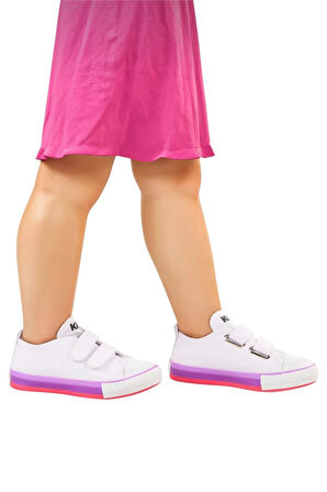 Unisex Çocuk Keten Kısa Convers Modeli Cırtlı Sneaker Spor Ayakkabı (26-30) BEYAZ - LİLA