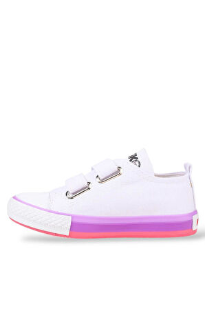 Unisex Çocuk Keten Kısa Convers Modeli Cırtlı Sneaker Spor Ayakkabı (26-30) BEYAZ - LİLA