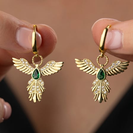 💎 Premium Parlak ve Şık Anka Kuşu Figürlü Gold Renk Kadın 925 Ayar Gümüş Küpe