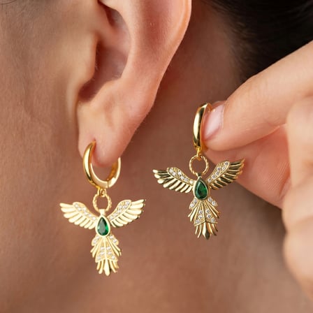 💎 Premium Parlak ve Şık Anka Kuşu Figürlü Gold Renk Kadın 925 Ayar Gümüş Küpe