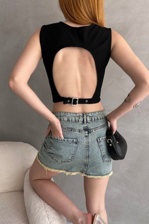 Sırtı Kemer Detaylı Kaşkorse Crop Bluz - SİYAH - M