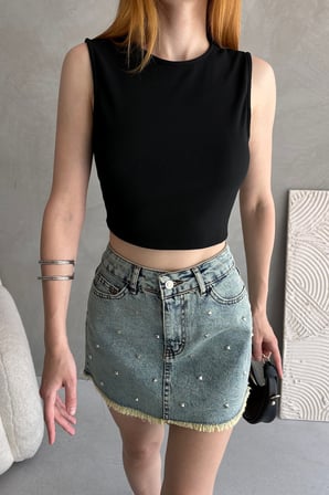 Sırtı Kemer Detaylı Kaşkorse Crop Bluz - SİYAH - M