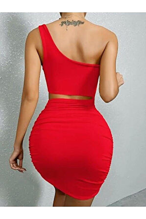 Kadın Tek Omuz Kesim Detaylı Büzgülü Fantezi Elbise 5078 - Kırmızı - L-XL