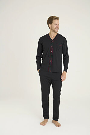 Kocabey 9267 Erkek V.yaka Boydan Düğmeli Pijama Takım - Siyah - XXL