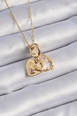 316L Çelik Gold Renk Zirkon Taşlı Sonsuzluk Kalp Figür Charm Model Kadın Kolye - Lisinya