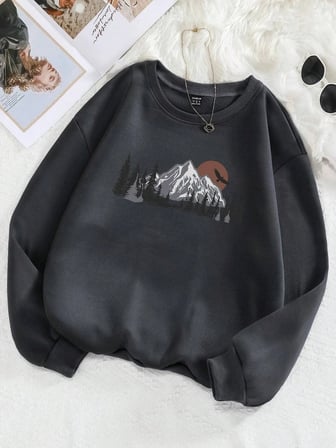 Ormanlar ve dağlar Baskı Tişörtü Kadın Harajuku Yumuşak Kazak Moda Sıcak Giyim Gevşek Crewnec