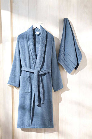 AquaLoom Lüx Erkek Bornoz ve Havlu Seti &#37;100 Pamuklu Mavi - L-XL