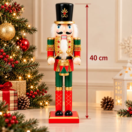 BakGelAl 40 cm Davullu Fındıkkıran Asker Biblo, Kırmızı-Yeşil Klasik Yılbaşı Dekoratif Ev Süsü