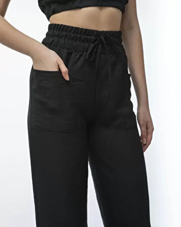 Kadin Keten Pantalon Ve Crop Takım - Siyah