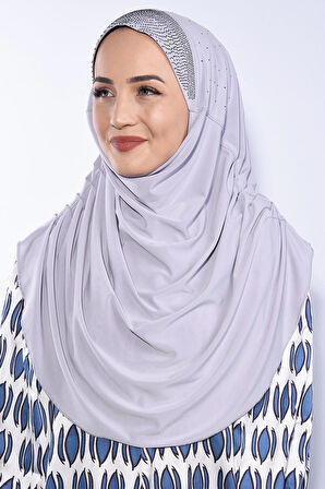 Taşlı Pileli Hijab Gümüş Gri - Gri