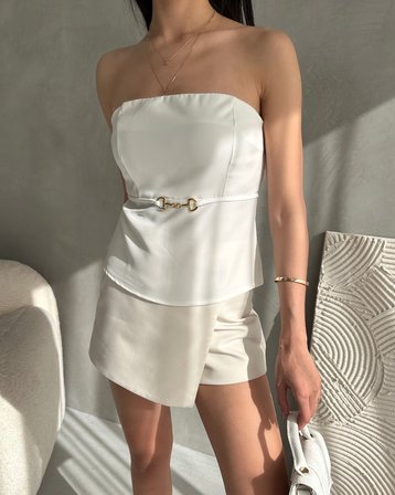 Straplez Beli Toka Detaylı Crep Bluz - BEYAZ - M