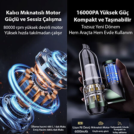 110w Ultra Güçlü Turbo araç ev süpürgesi araba yıkama süpürgesi 1 Saat kullanım şarjlı