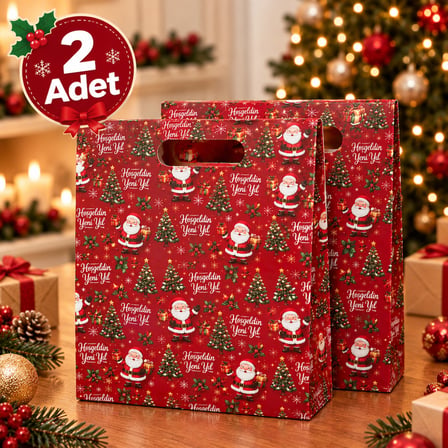 BakGelAl Kırmızı Noel Baba ve Çam Ağacı Desenli Yılbaşı Hediye Paket Çantası - Kulplu Dekoratif Karton Hediye Poşeti - 2'li