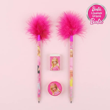 Barbie Lisanslı Tüylü Kalem Kırtasiye Seti - 2 Adet Pembe Tüylü Kurşun Kalem, Silgi ve Kalemtıraşlı Okul Seti