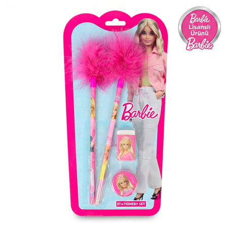 Barbie Lisanslı Tüylü Kalem Kırtasiye Seti - 2 Adet Pembe Tüylü Kurşun Kalem, Silgi ve Kalemtıraşlı Okul Seti