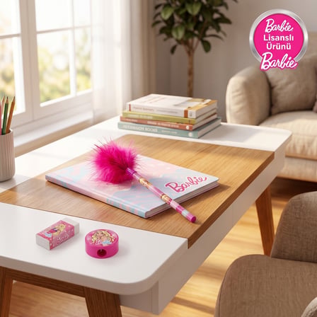 Barbie Lisanslı Tüylü Kalem Kırtasiye Seti - 2 Adet Pembe Tüylü Kurşun Kalem, Silgi ve Kalemtıraşlı Okul Seti