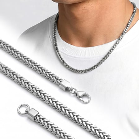 💎 Premium Parlak ve Şık Köşeli Hasır Örgü Erkek Çelik Kolye - 4x4mm 55cm  3183ECK021 - Gümüş Renk