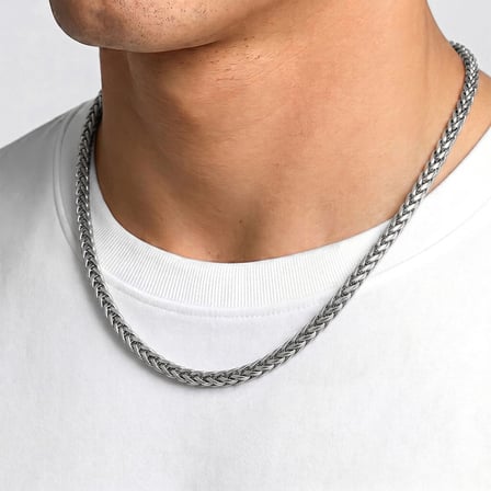 💎 Premium Parlak ve Şık Köşeli Hasır Örgü Erkek Çelik Kolye - 4x4mm 55cm  3183ECK021 - Gümüş Renk