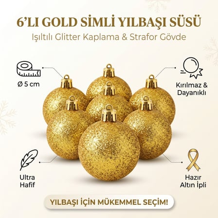 6'lı Simli Yılbaşı Ağaç Süsü Topu 5 cm - Kar Topu Süsleme Seti