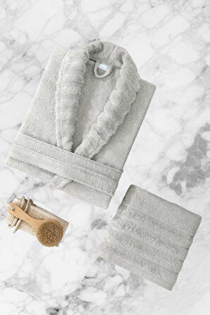 AquaLoom Lüx Bornoz ve Havlu Seti &#37;100 Pamuklu Açık Gri - L-XL