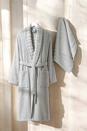 AquaLoom Lüx Bornoz ve Havlu Seti &#37;100 Pamuklu Açık Gri - L-XL