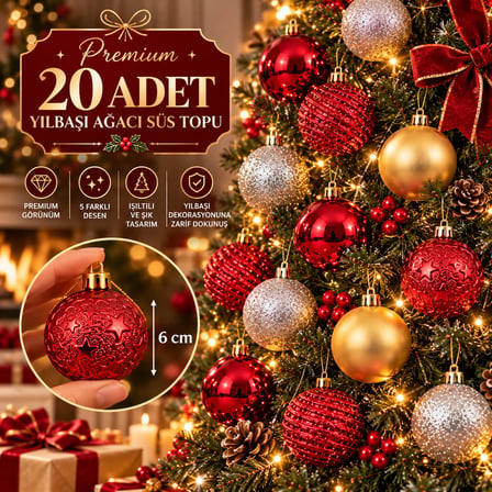 BakGelAl Premium 20 Adet Yılbaşı Ağacı Süs Topu Seti – 6 cm Karma Desenli ve Renkli Çam Ağacı Süsü (Kırmızı, Gold, Gümüş)