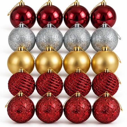 BakGelAl Premium 20 Adet Yılbaşı Ağacı Süs Topu Seti – 6 cm Karma Desenli ve Renkli Çam Ağacı Süsü (Kırmızı, Gold, Gümüş)