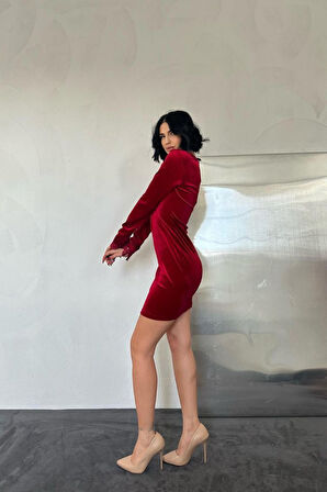 Kırmızı Yaka Ve Kol Dantelli Mini Elbise