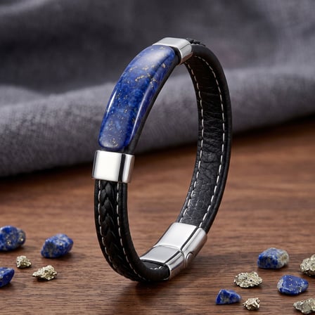 💎 Premium Parlak ve Şık Lapis Royal Doğal Taşlı Deri Çelik Erkek Bileklik 31832B1D16 - 21 cm