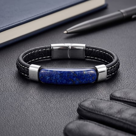 💎 Premium Parlak ve Şık Lapis Royal Doğal Taşlı Deri Çelik Erkek Bileklik 31832B1D16 - 21 cm