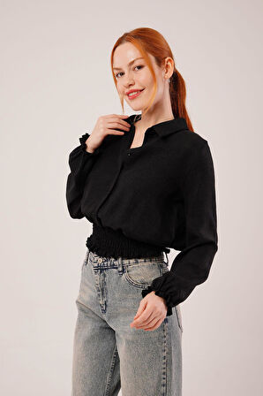 Bel Ve Bilek Lastikli Siyah Bluz