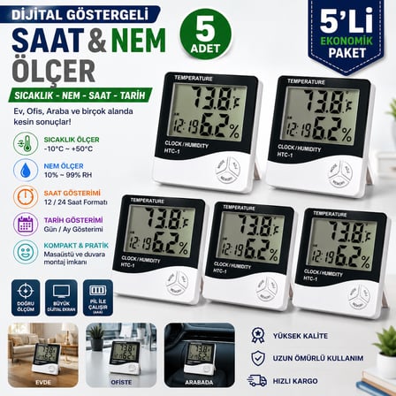HTC-1 DİJİTAL SICAKLIK & NEM ÖLÇER – SAAT / TAKVİM / ALARM – 5 ADET SET