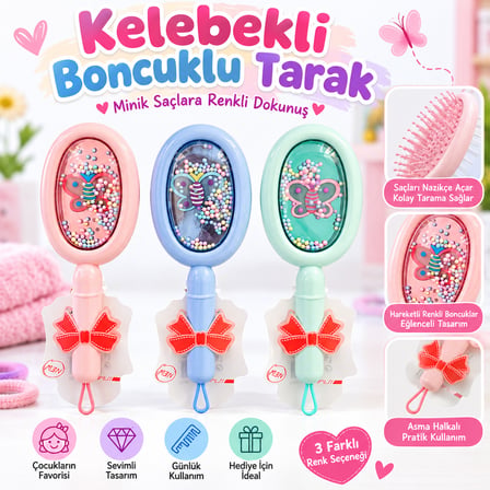 BakGelAl Kelebekli Boncuklu Çocuk Saç Fırçası – Renkli Hareketli Boncuklu Sevimli Tarak