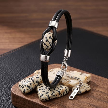 💎 Premium Parlak ve Şık Dalmaçya Doğal Taş Çelik Ayarlanabilir Deri Erkek Bileklik 31832B14D10-23cm