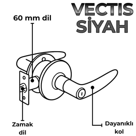 Vectis Kollu Topuzlu Kilit - Amerikan Tipi Otel Kilidi - Siyah (Eski Topuzlu Kilit Yerine Uyumlu)