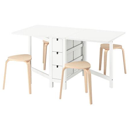 Mutfak masası takımı, beyaz-huş, 4 tabureli, katlanabilir