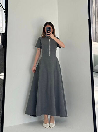 Kısa Kollu Önden Fermuarlı Çan Etekli Uzun Elbise - Antrasit