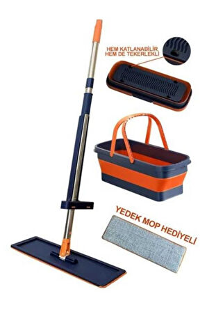 Katlanabilir Ve Tekerlekli Kovalı Mop Seti. Yedek Mop Bezi Hediyeli, Kendinden Sıkmalı Mop Seti.